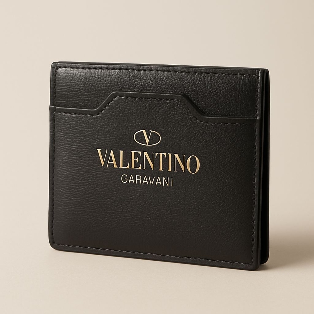 Valentino Garavani Black Leather Cardholder with Gold Logo